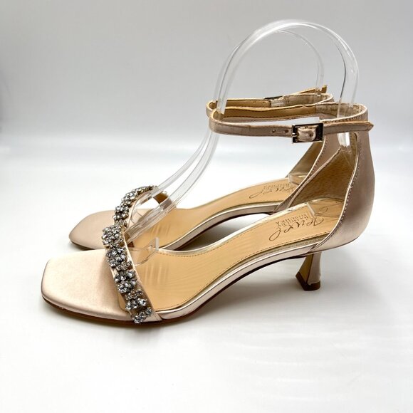 Jewel Badgley Mischka‎ Size 6.5 Champagne Satin Dress Sandals Kitten Heels Shoes - Picture 6 of 14